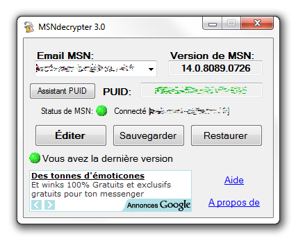 Capture MSNDecrypter : Logiciel gratuit de sauvegarde d'avatars, smileys, moods MSN Messenger Windows Live Messenger
